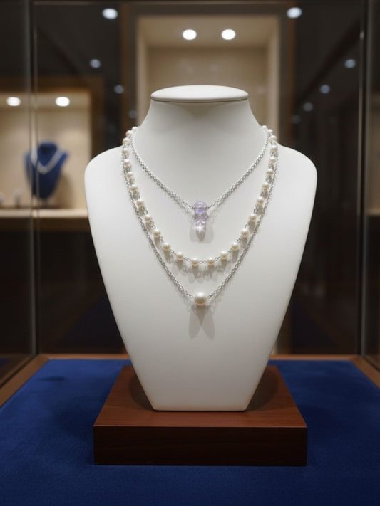 Beerbani Layered Pearl & Zircon Silver Chain Necklace for Girls & Women