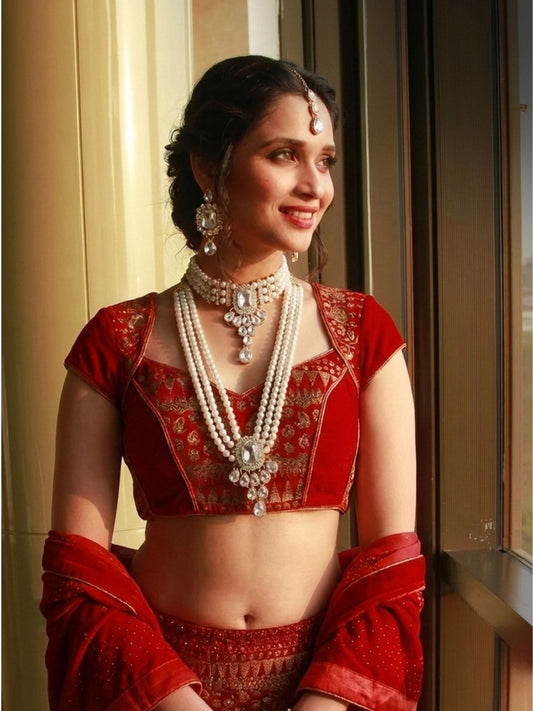 Premium Pearl Work Necklace Set with Earrings & Maang Tikka