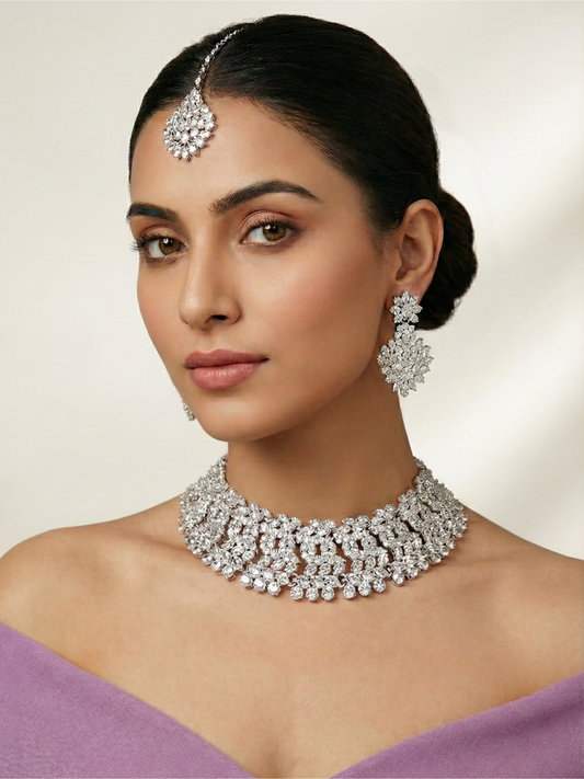 American Diamond Necklace Set with Earrings & Maangtika for Special Occasions