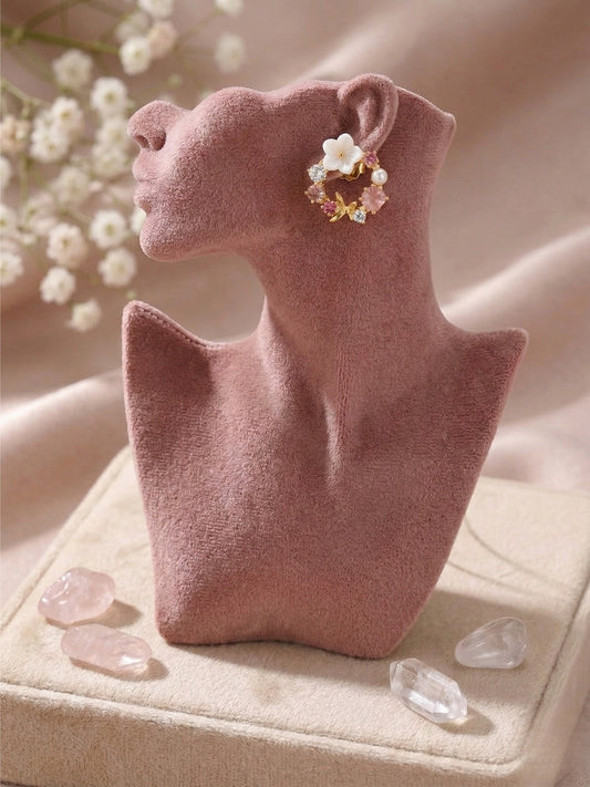 Pink Flower Pearl Round Sparkling Earring for Girl and Women