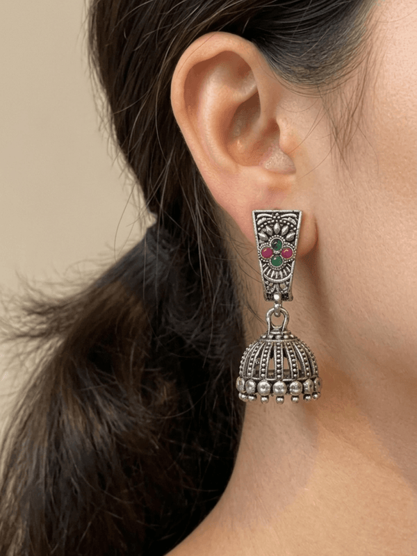 Elegant Stone Studded Oxidised Jhumka Earrings for women with ethnic and festive outfits