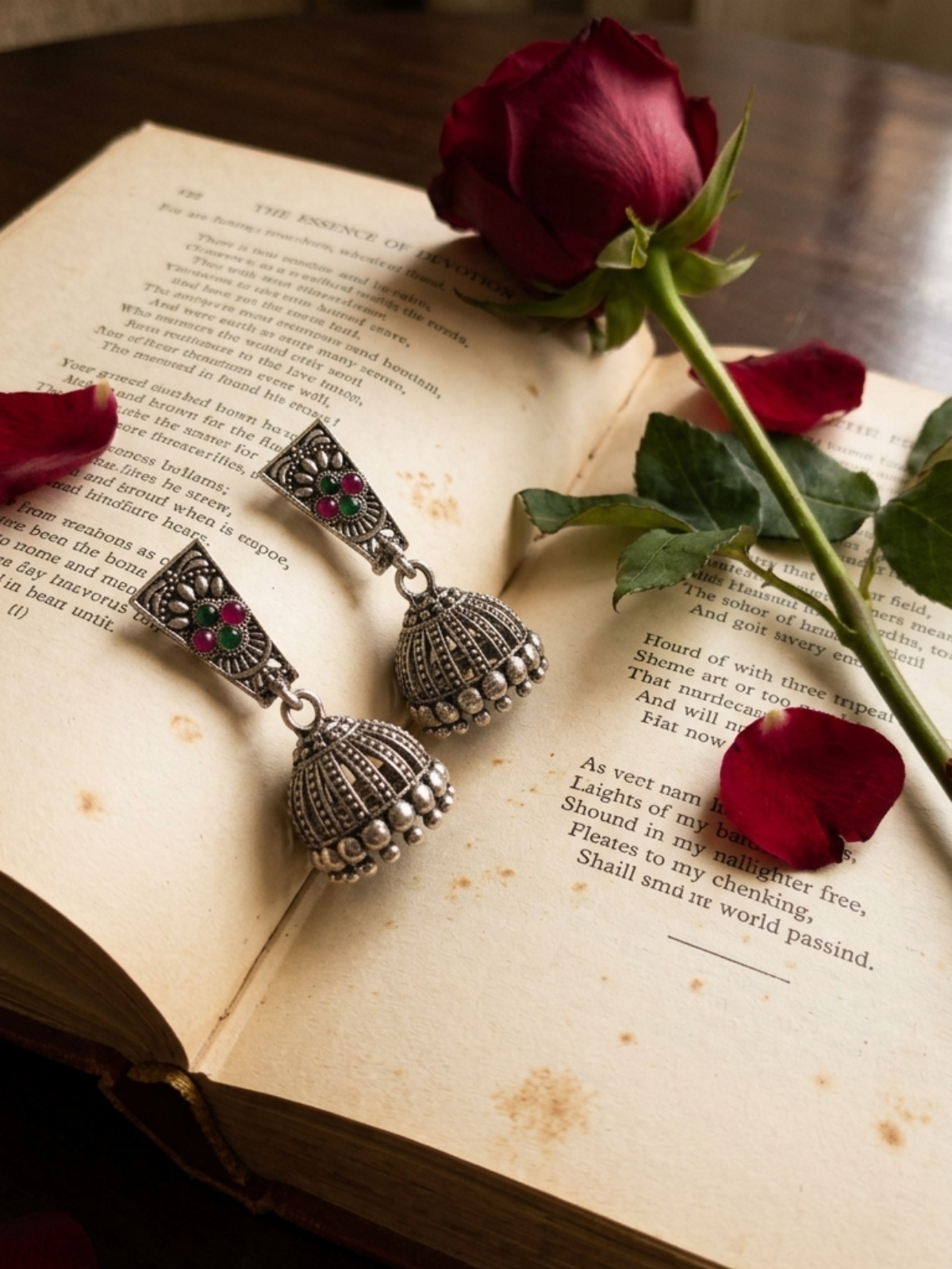 Pink and green gemstone studded oxidised silver jhumka earrings for girls & women