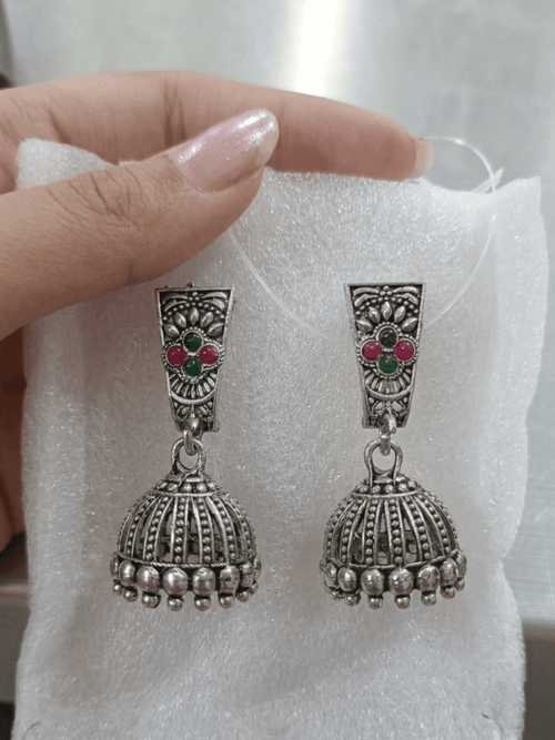 Stone Studded Oxidised Jhumka Earrings with Red & Green Gemstones