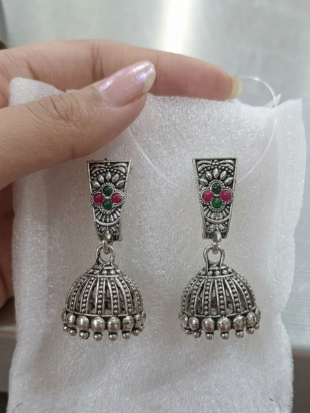 Pink and green gemstone studded oxidised silver jhumka earrings for girls & women