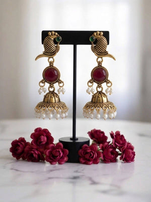 oxidised silver earrings Ethnic Peacock Jhumka Earrings | Maroon