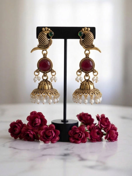 Beerbani Oxidised Silver Peacock Pearl Jhumka Earrings for Women & Girls | Maroon