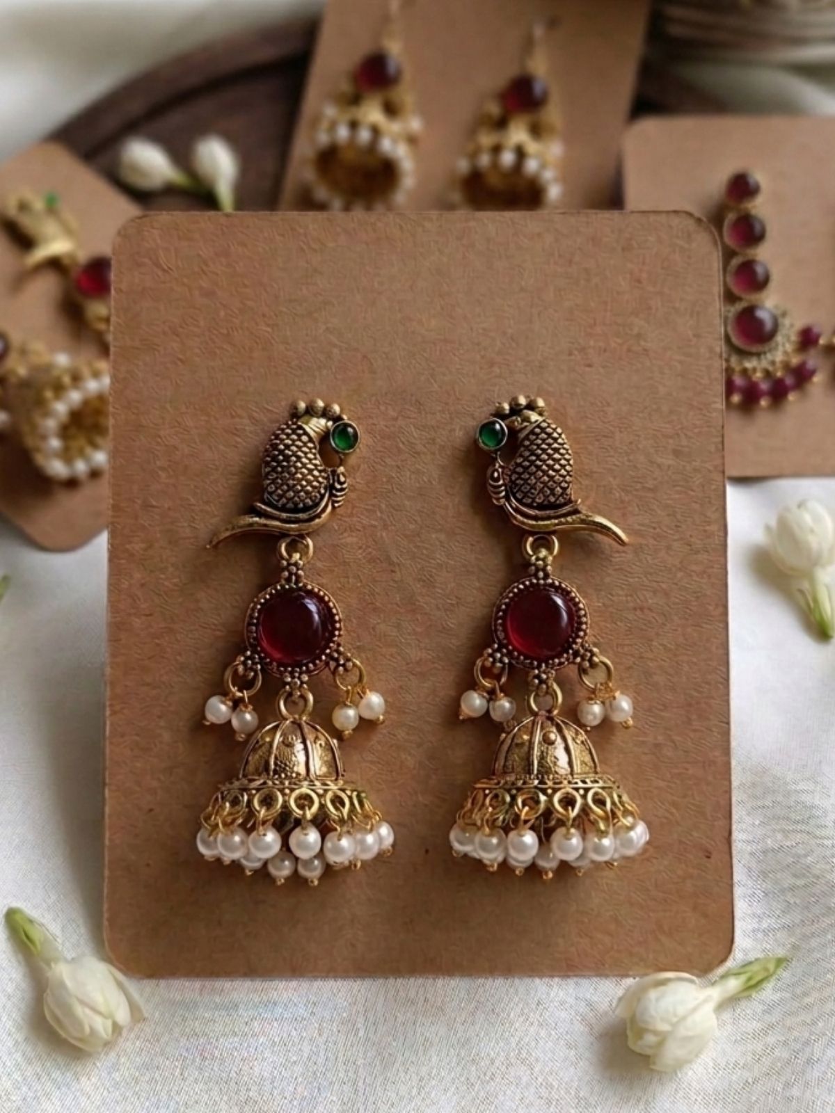 Beerbani Oxidised Silver Peacock Pearl Jhumka Earrings for Women & Girls | Maroon