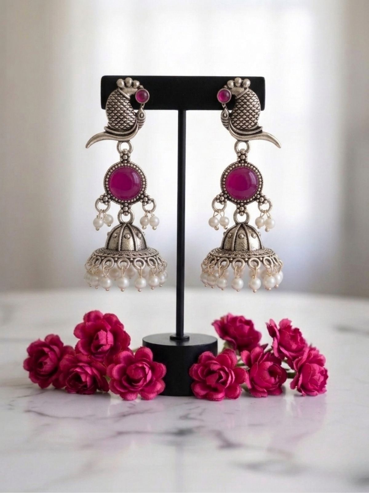 Beerbani Oxidised Silver Peacock Pearl Jhumka Earrings for Women & Girls | Pink