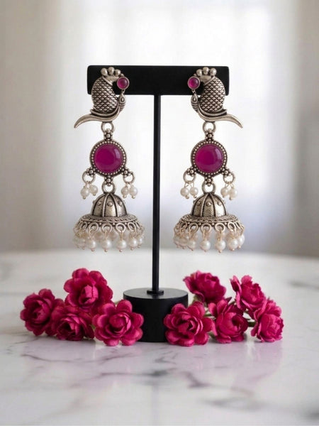 Beerbani Oxidised Silver Peacock Pearl Jhumka Earrings for Women & Girls | Pink