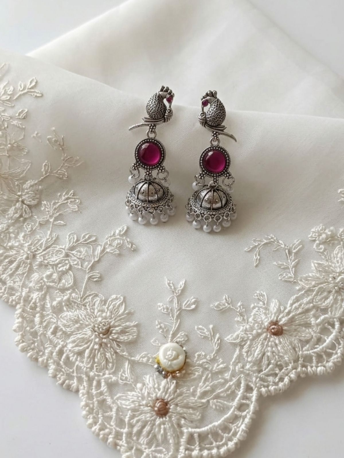 Beerbani Oxidised Silver Peacock Pearl Jhumka Earrings for Women & Girls | Pink