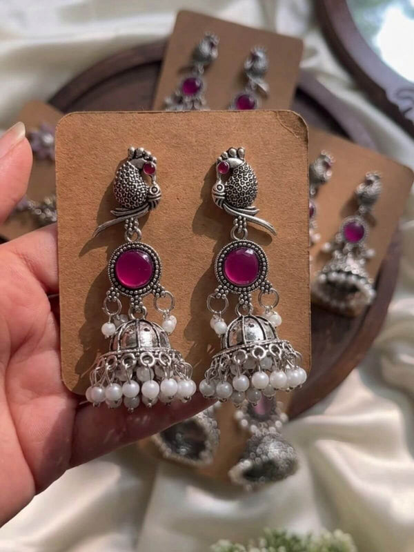 Oxidised Silver Earrings with pink stone for women and girls