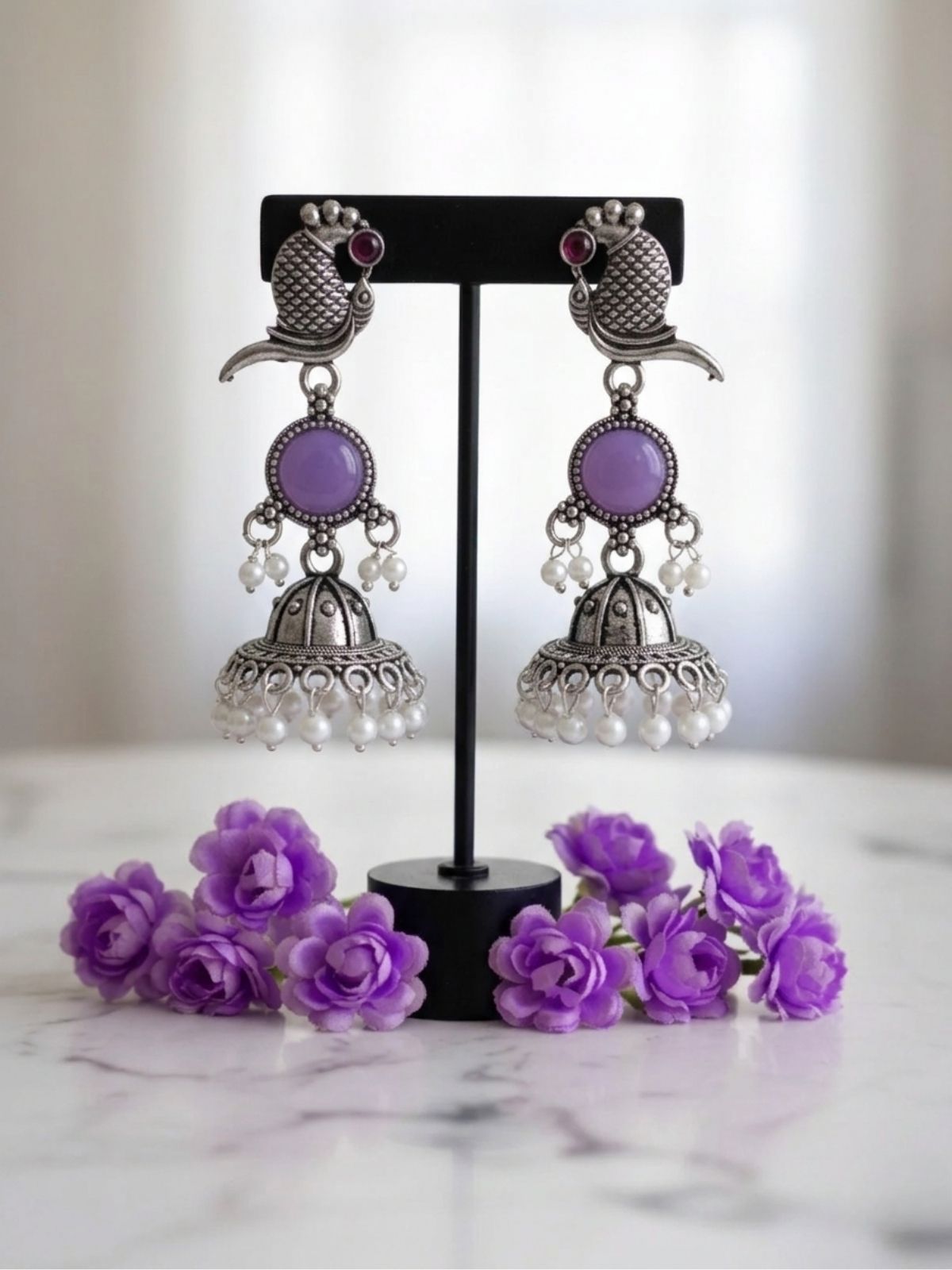 Beerbani Oxidised Silver Peacock Pearl Jhumka Earrings for Women & Girls | Purple