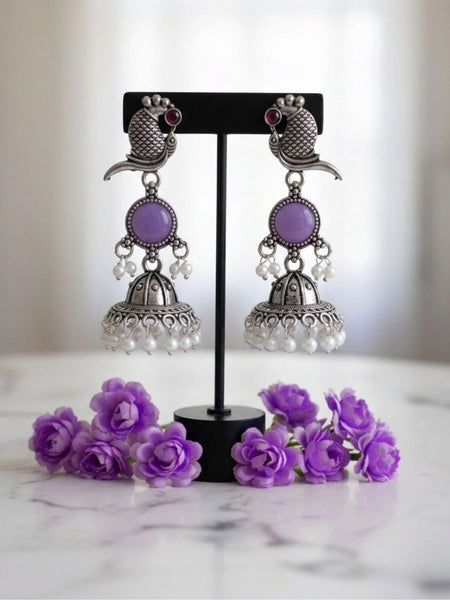 Beerbani Oxidised Silver Peacock Pearl Jhumka Earrings for Women & Girls | Purple