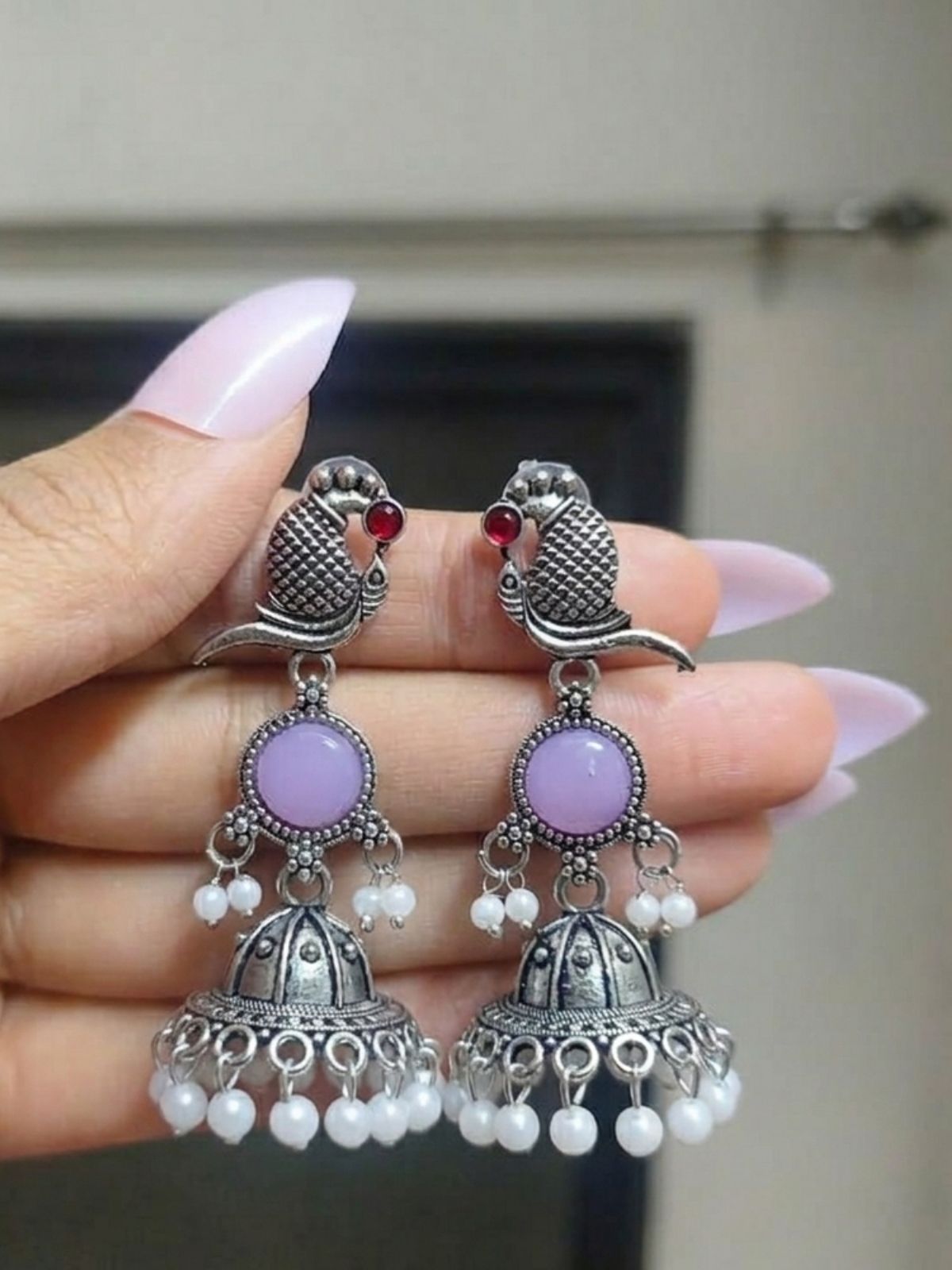 Beerbani Oxidised Silver Peacock Pearl Jhumka Earrings for Women & Girls | Purple