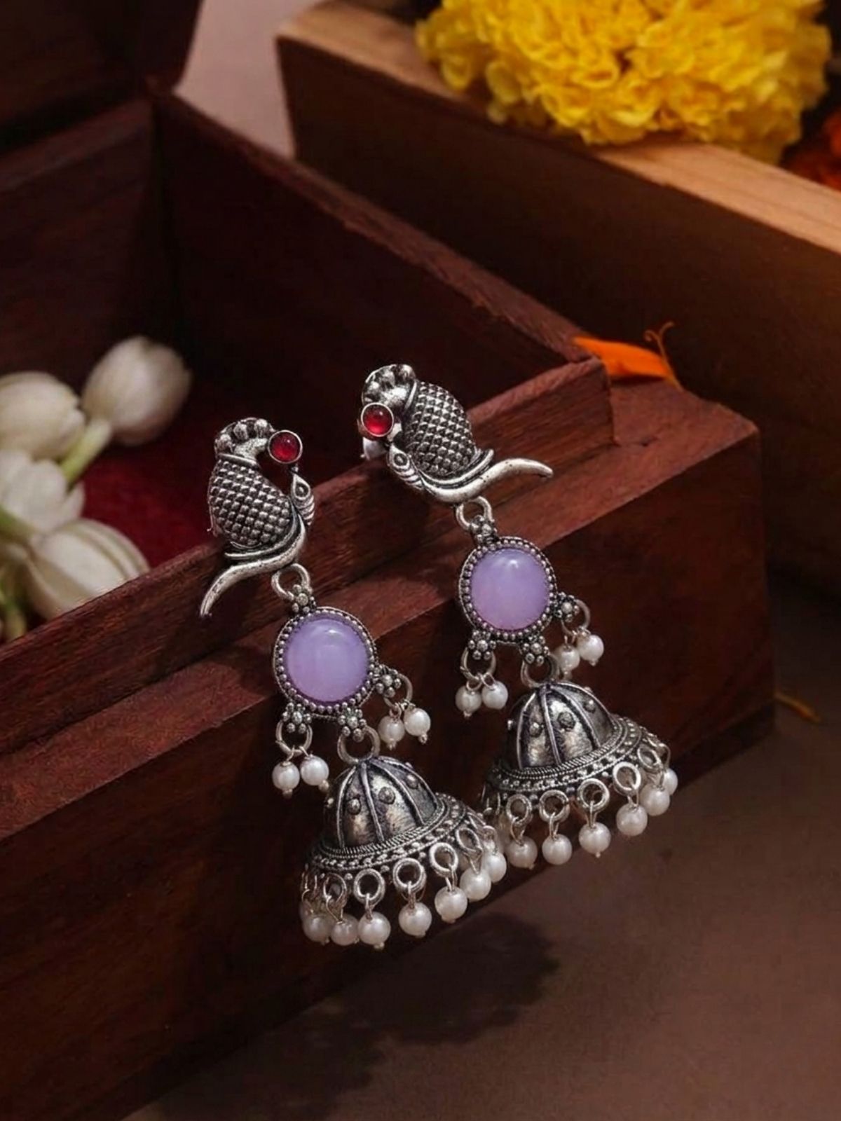 Beerbani Oxidised Silver Peacock Pearl Jhumka Earrings for Women & Girls | Purple