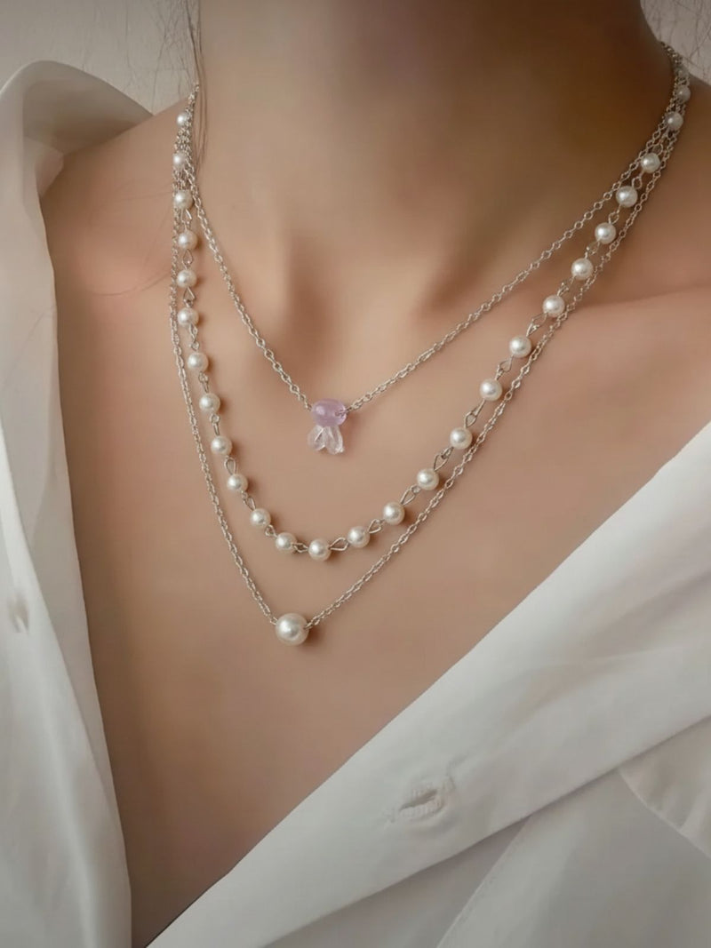 Layered Pearl Necklace with zircon silver chain for women and girls
