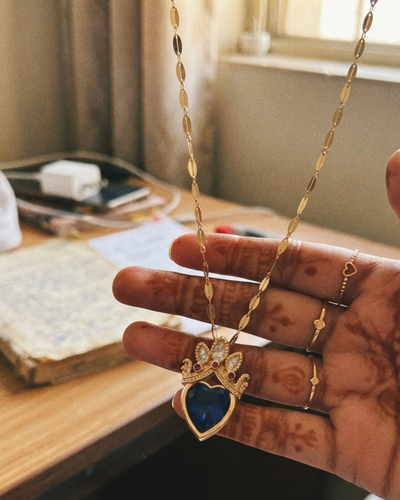 Gold Princess Crown Blue Heart Pendant for Girls