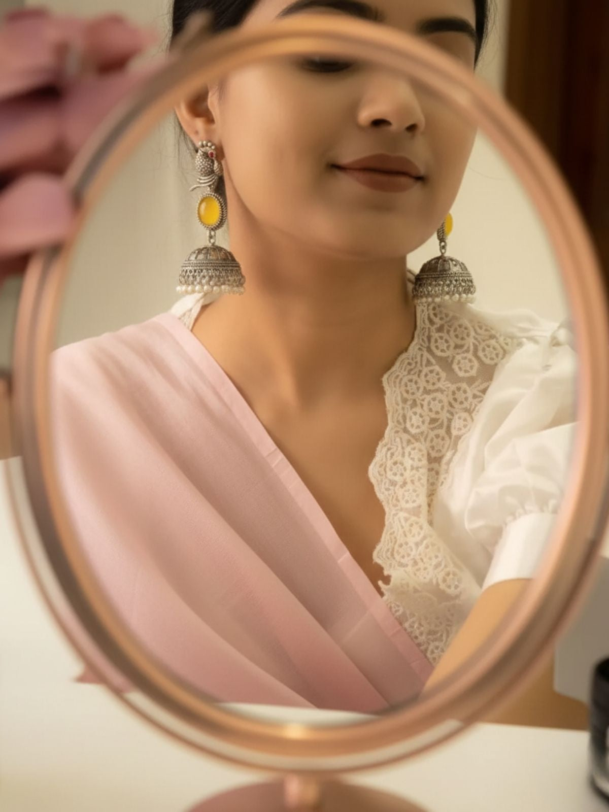 Ethnic Peacock Pearl Jhumka Earrings in Oxidised Silver | Party & Traditional Wear Earrings | Yellow