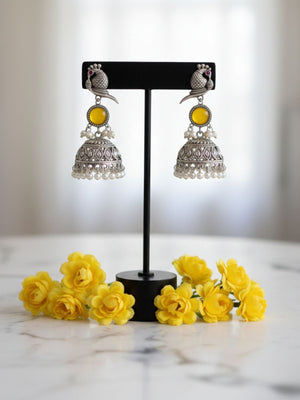Ethnic Peacock Pearl Jhumka Earrings in Oxidised Silver | Party & Traditional Wear Earrings | Yellow