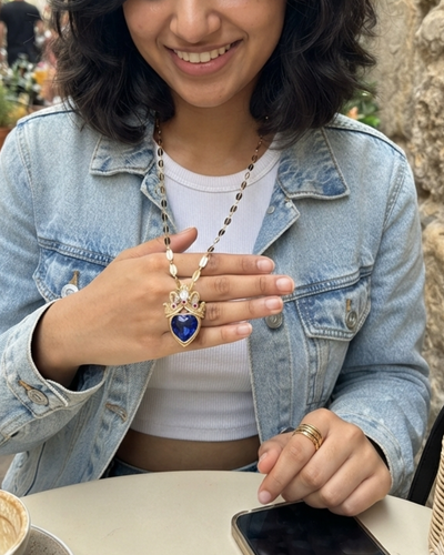 Gold Princess Crown Blue Heart Pendant for Girls