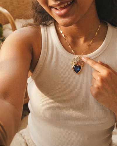 Gold Princess Crown Blue Heart Pendant for Girls