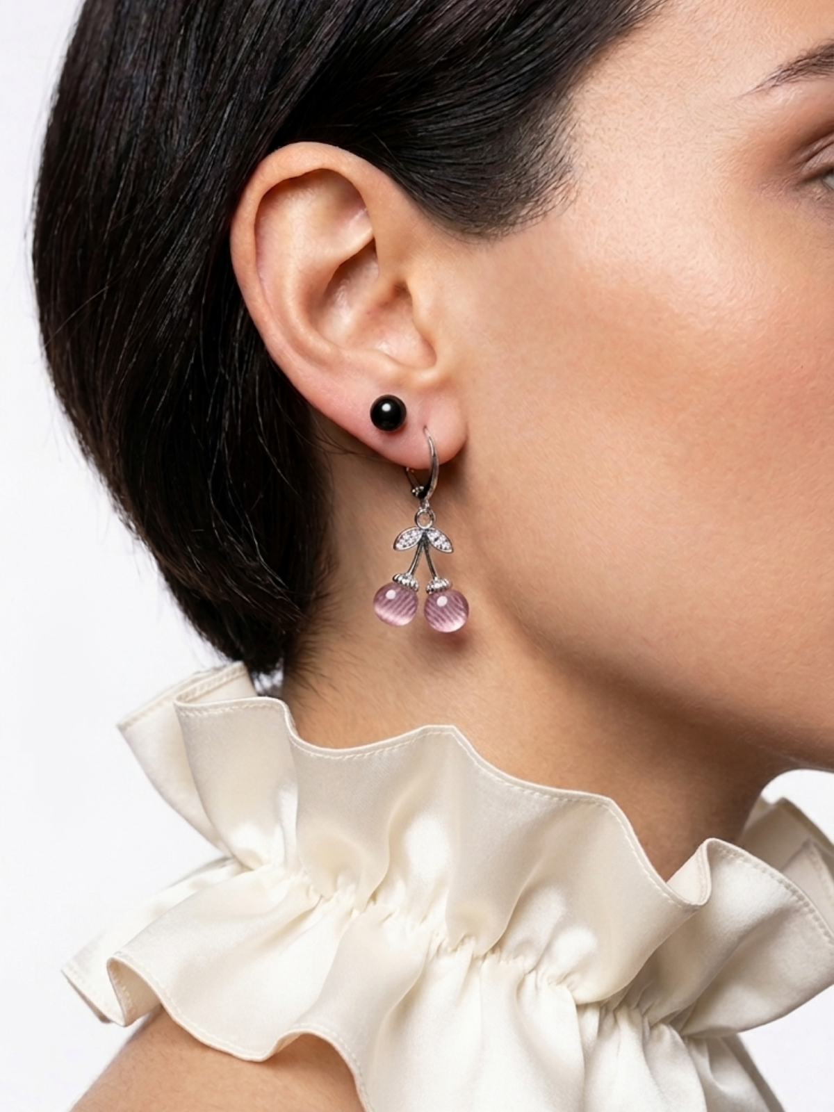Trendy Cherry AD stone silver plated Pink and Black earring set for women and girls