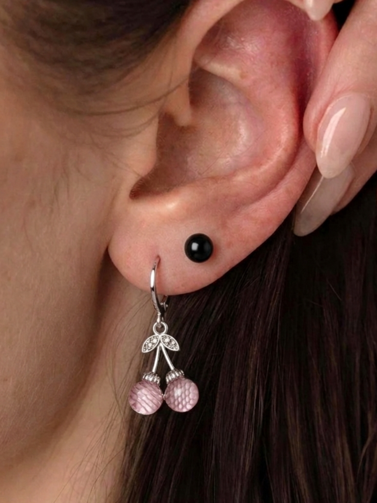 Trendy Cherry AD stone silver plated Pink and Black earring set for women and girls