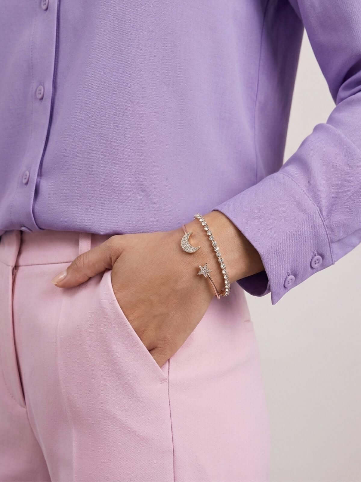 Adjustable Celestial Moon Star Cuff with Tennis Bracelet Set for women and girls