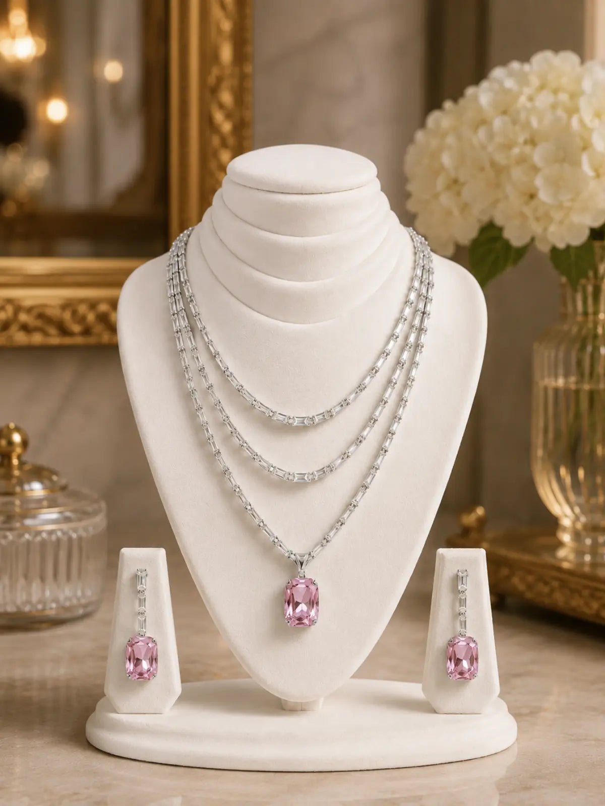 Pink Necklace and Earrings Set | Multi-Layered Pink Jewellery For Women