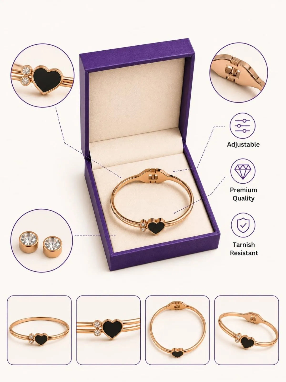 Adjustable Heart Bracelet for Women featuring gold plated design and black crystal on wrist beerbani.