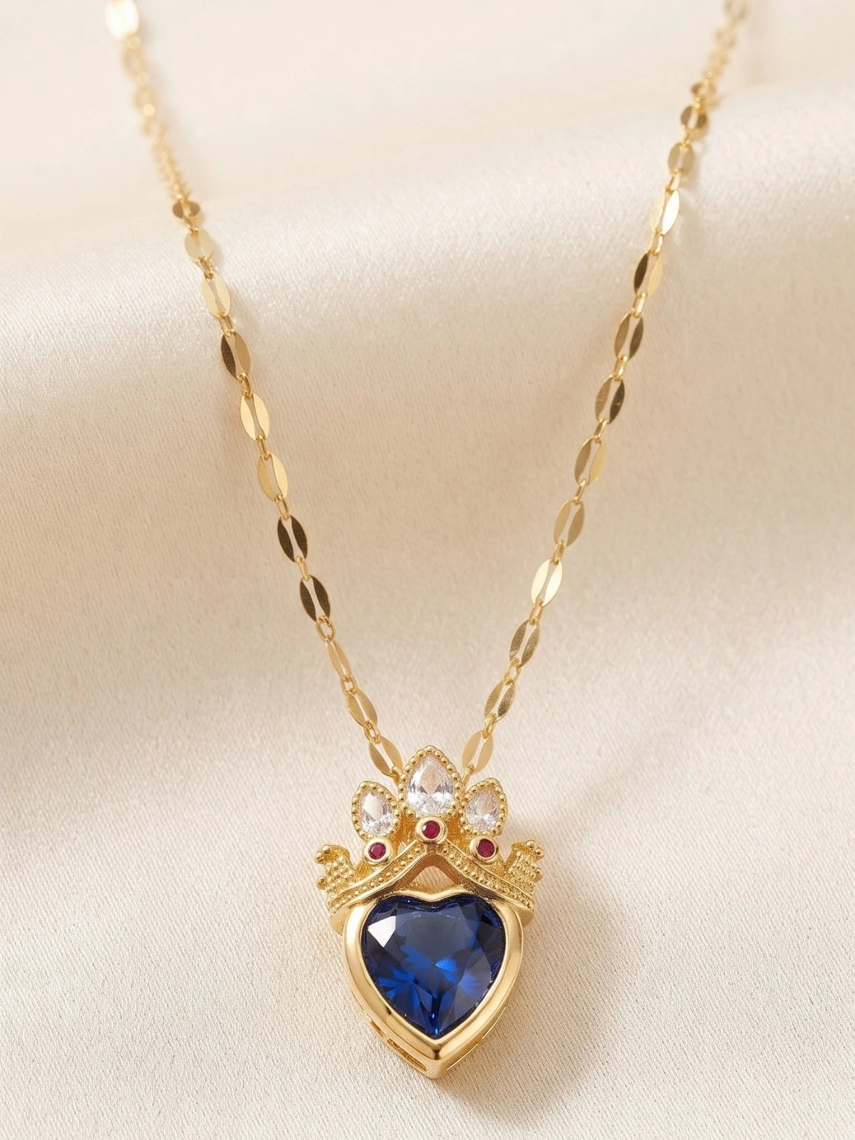 Blue heart crystal Gold Princess Crown pendant necklace