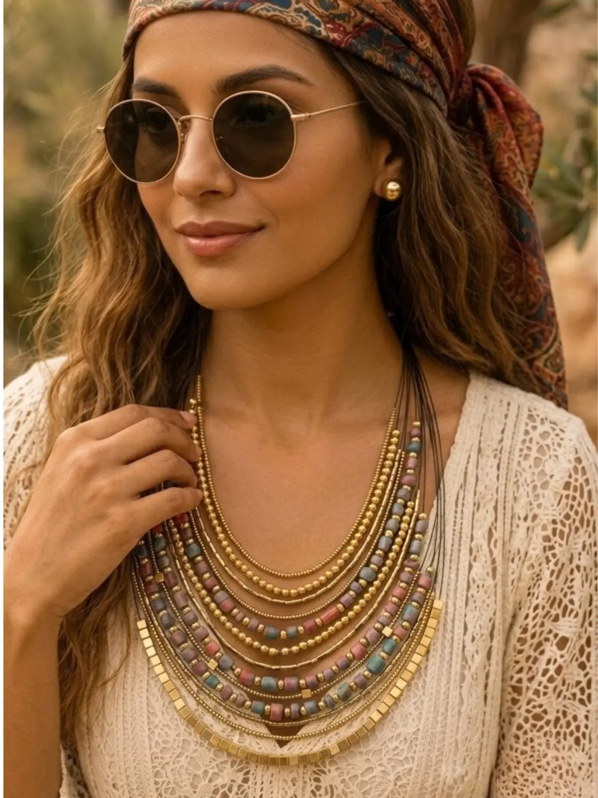 Boho multi-layer gold beaded cascade statement necklace