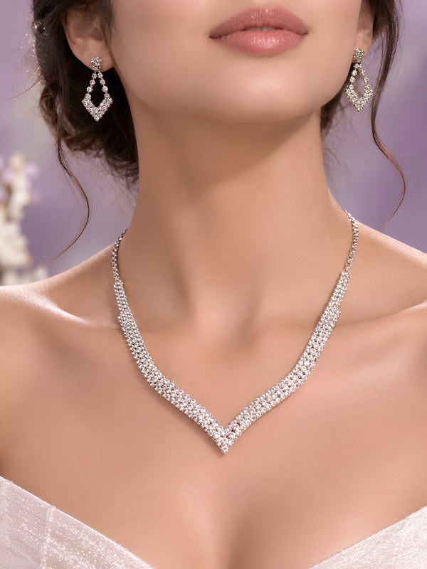 Crystal Studded Necklace Set with V-shaped design and matching drop earrings for women