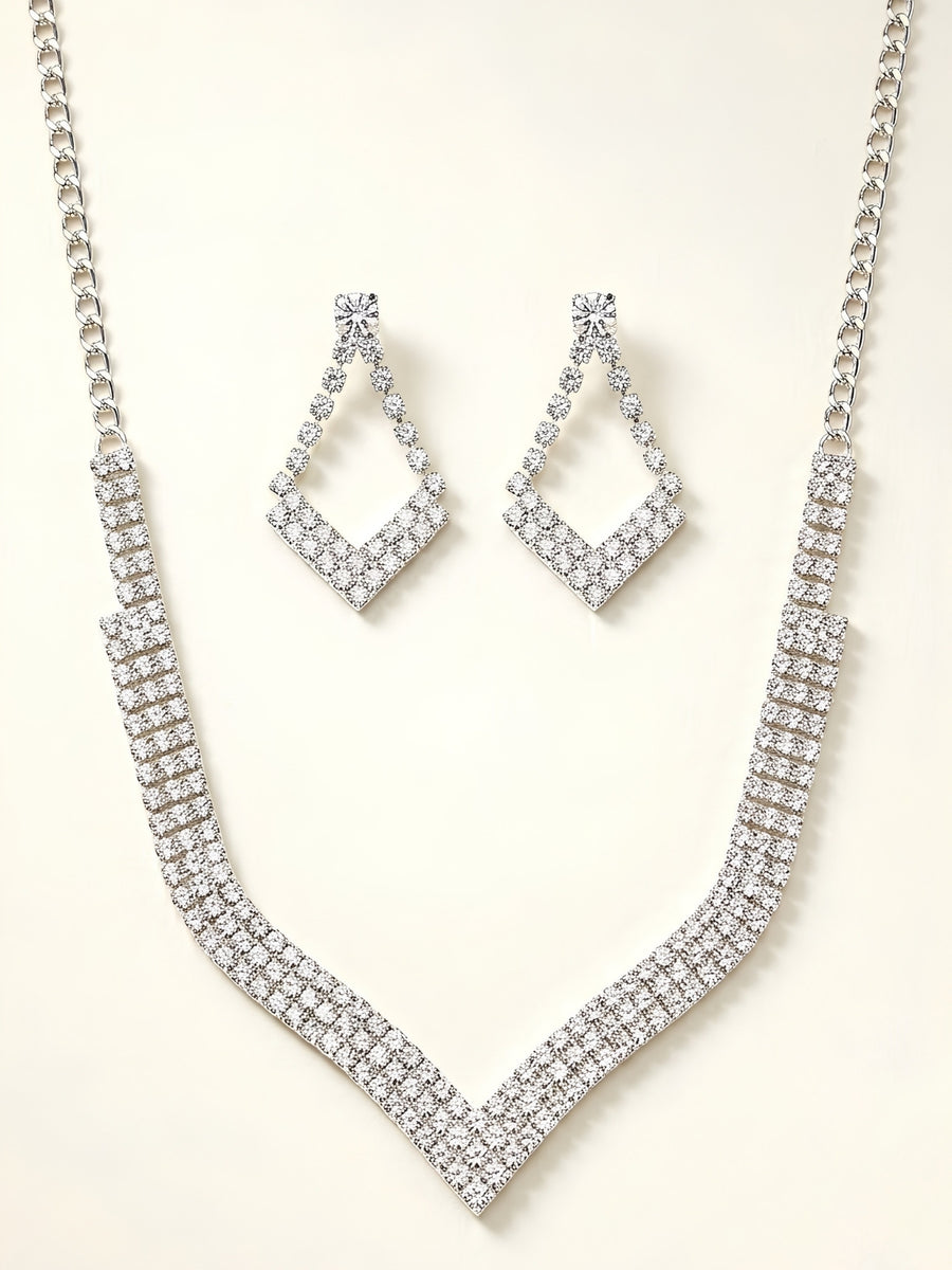 Elegant Crystal Studded Necklace Set styled with silver-plated V-shaped pendant