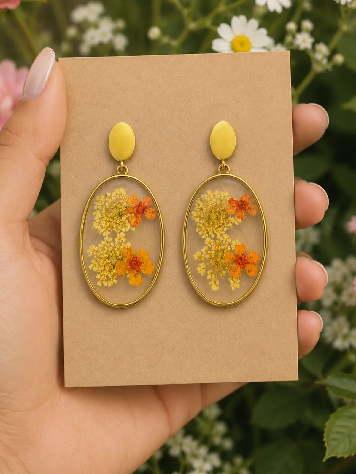 Gold-tone pressed flower drop earrings