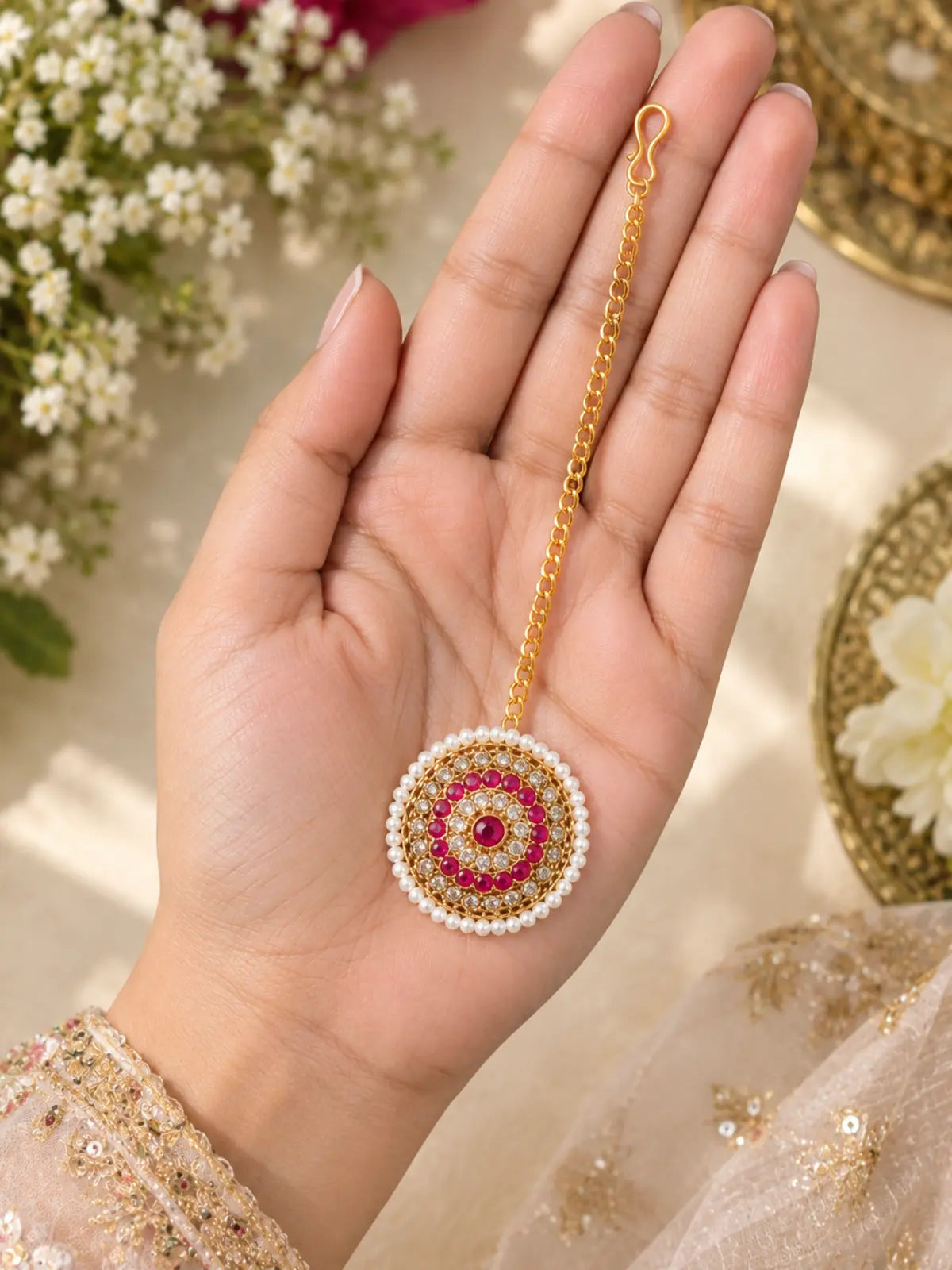 Elegant bridal maang tika with pearls for women and girls