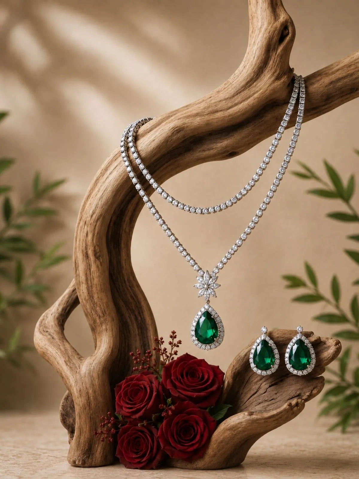 Emerald Necklace Set with Matching Earrings for Women & Girls | Green