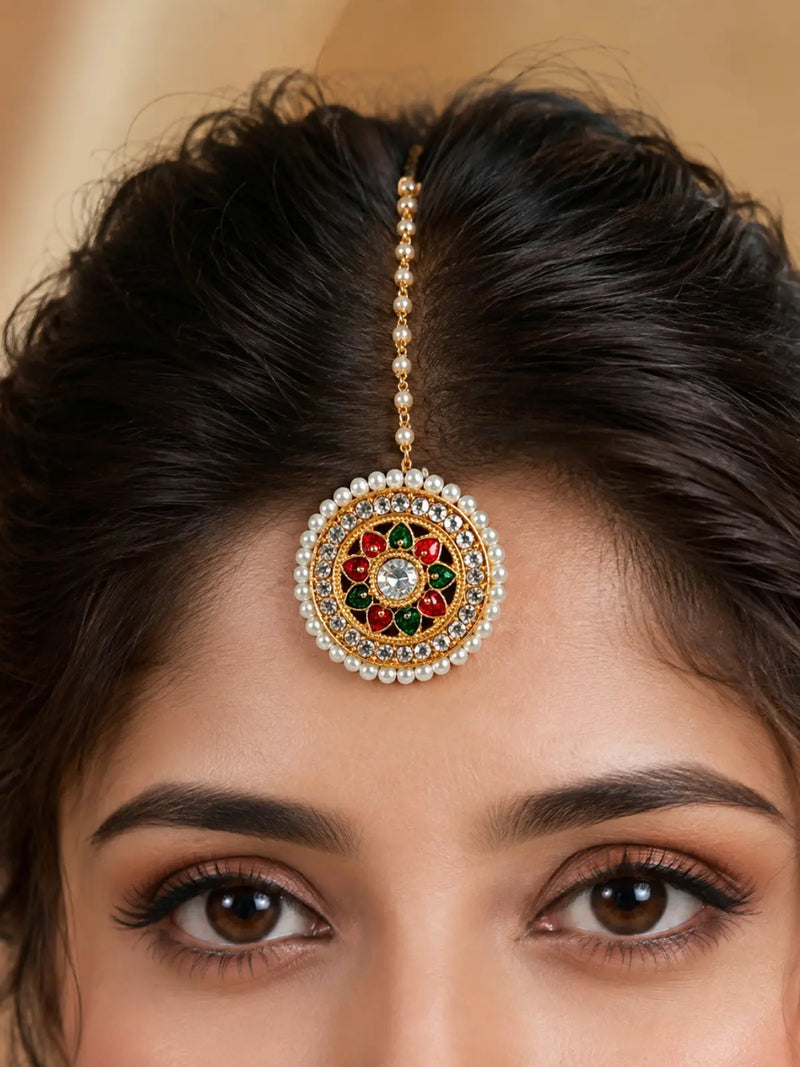 Gold-plated Rajasthani Borla maang tikka with red green meenakari