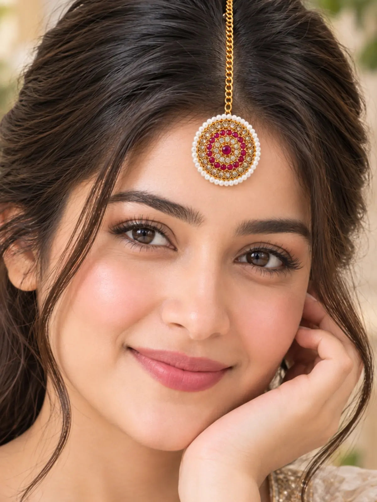 Gold-tone Rakhadi maang tika with pearl border and dual-tone stones