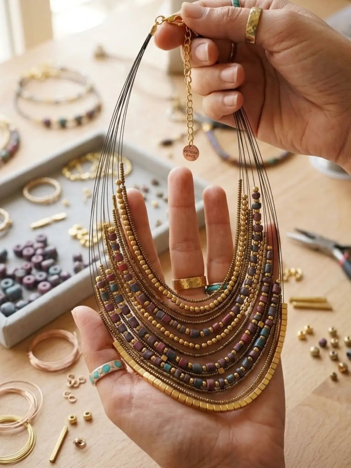 Gold-tone layered beaded necklace with multicolor boho beads
