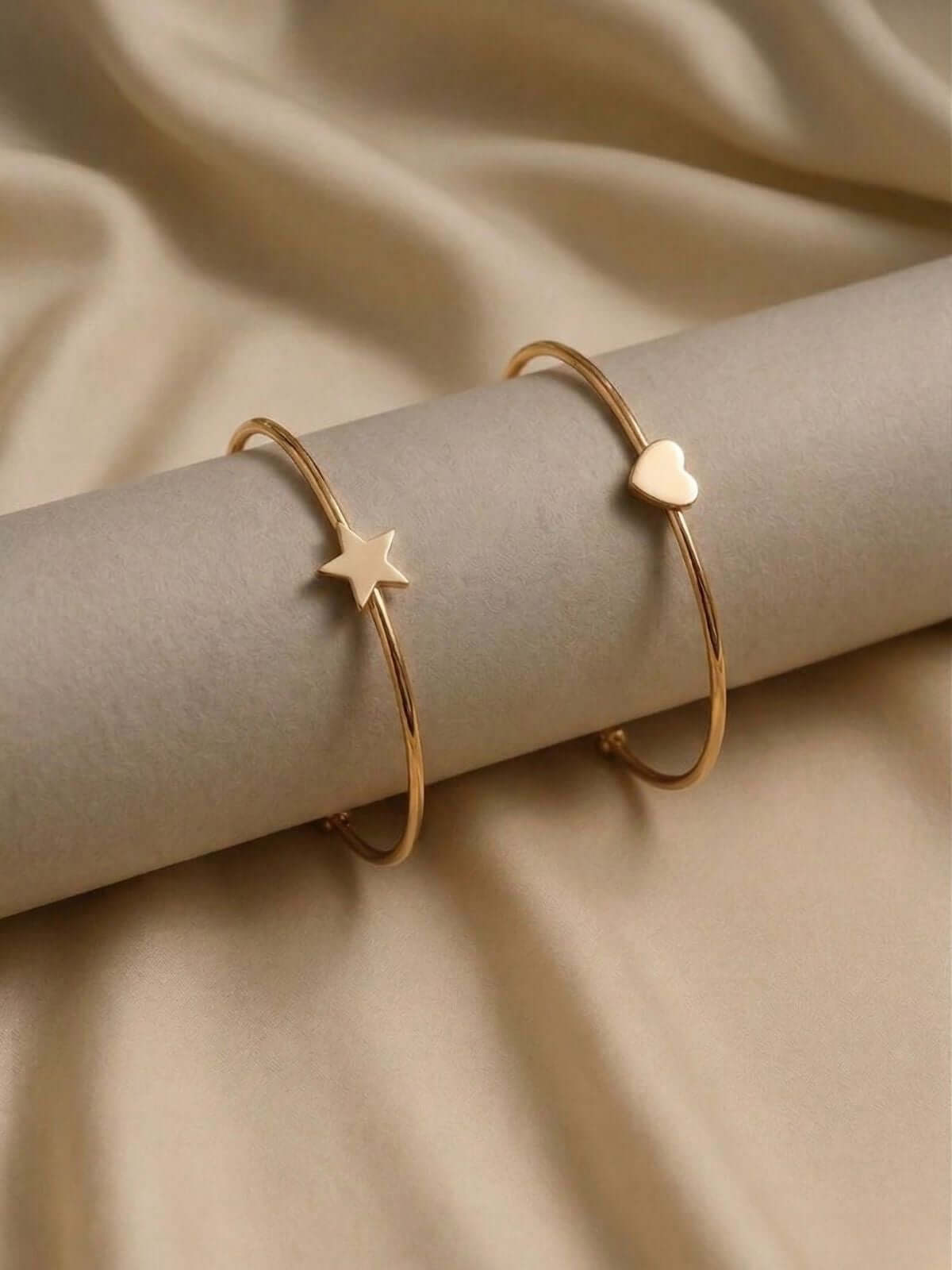 Gold Celestial Heart and Star Cuff Bracelet set styled for party wear and everyday fashion