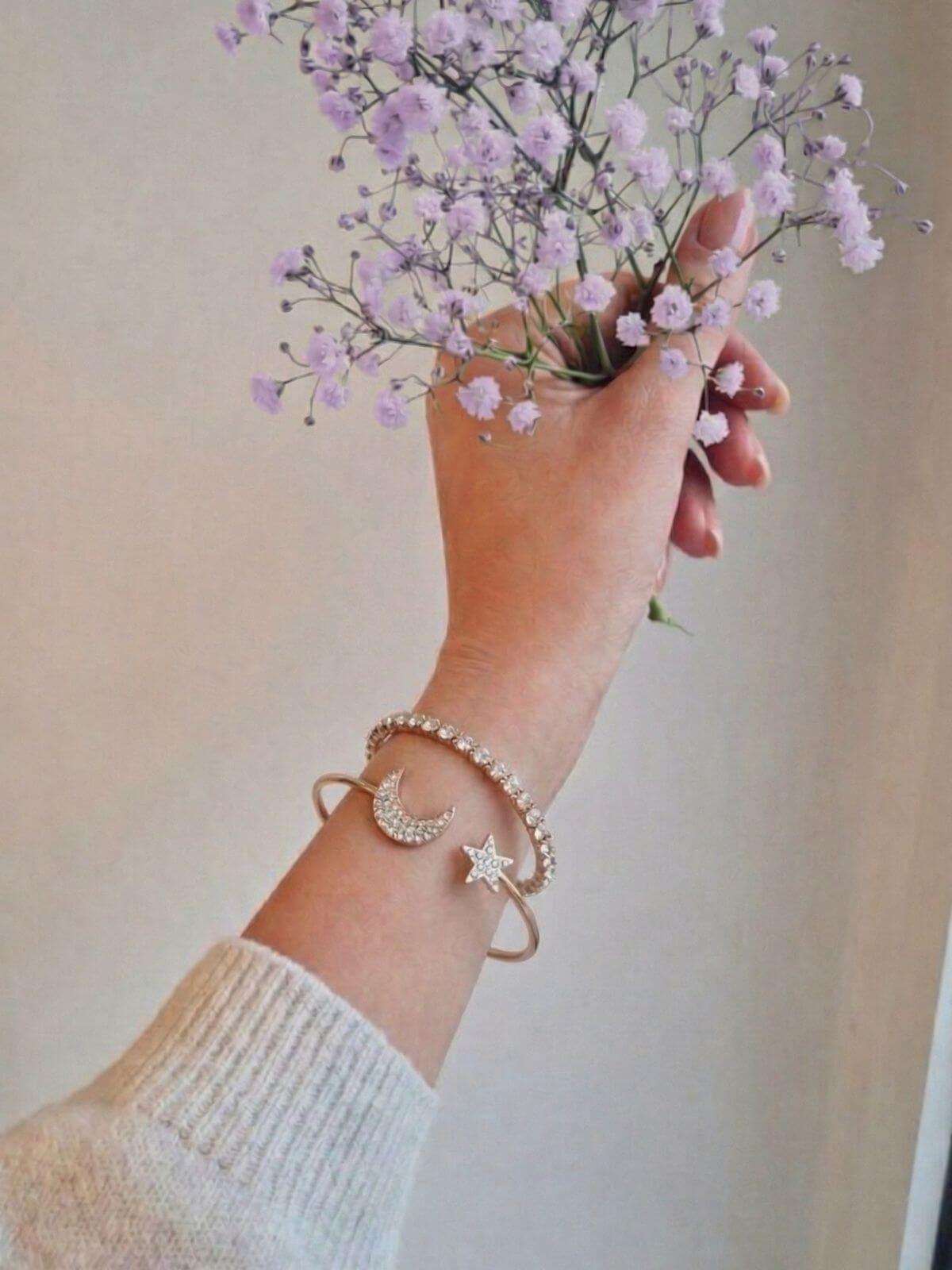 Gold Celestial Moon Star Cuff with Tennis Bracelet Set for party wear and everyday styling
