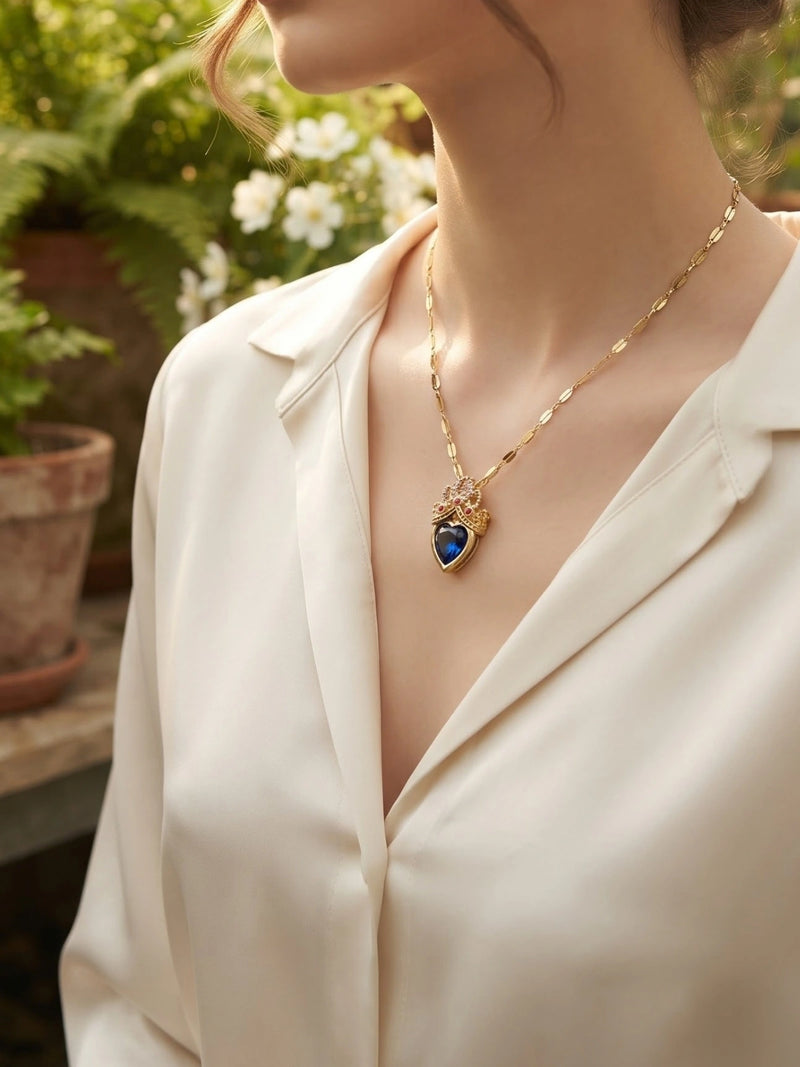 Gold Princess Crown Blue Heart Pendant for party wear