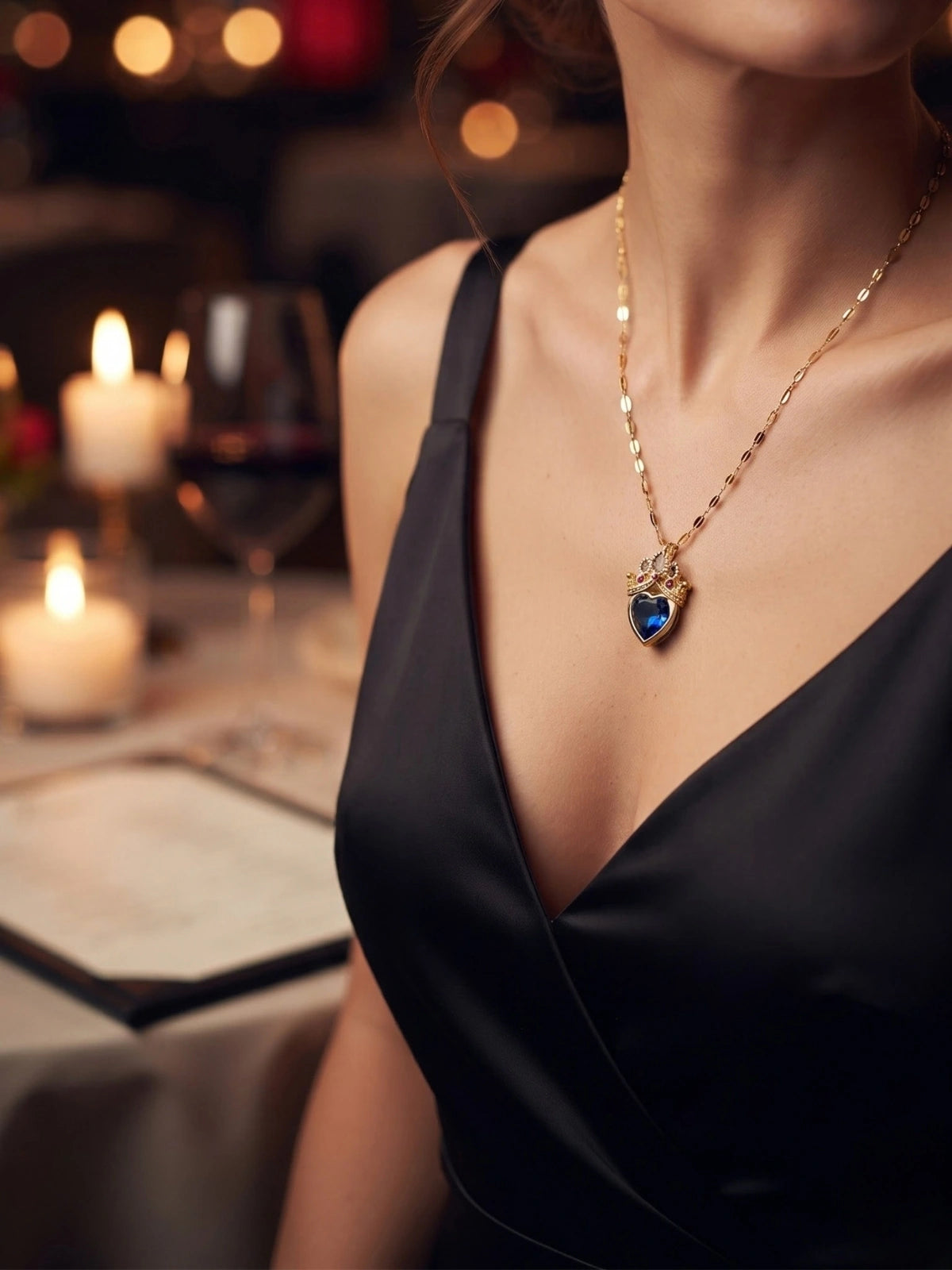 Gold Princess Crown Blue Heart Pendant necklace for women