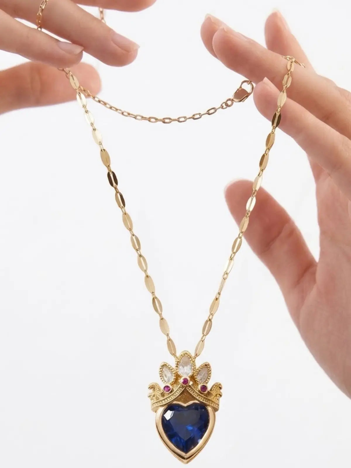 Gold Princess Crown Blue Heart Pendant with crystal stones