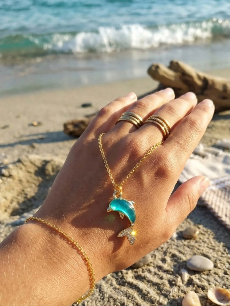  Gold dolphin pendant necklace with blue crystal