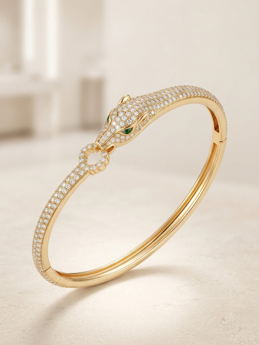 Gold panther head pavé bangle bracelet for women