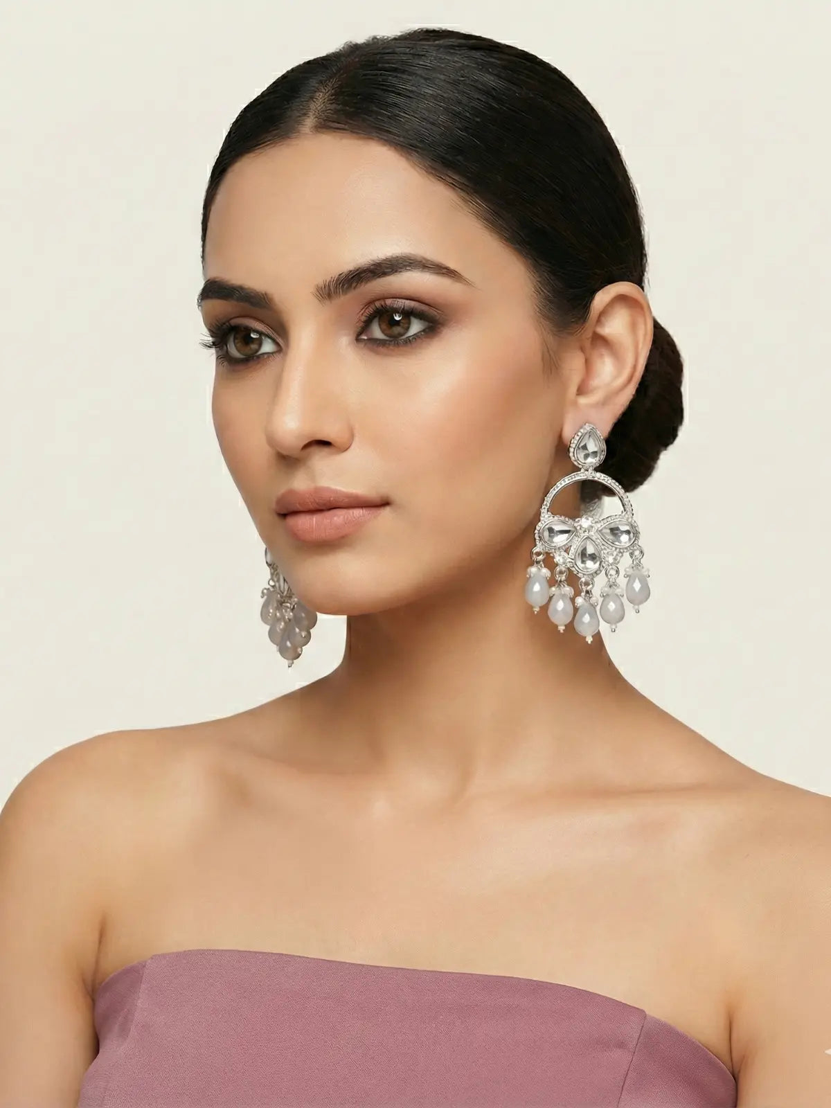 Handcrafted Oxidised Jhumka Earrings with White Beads for Women