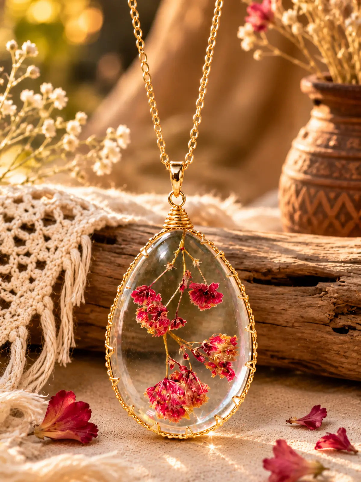 Handmade red dried flower pendant