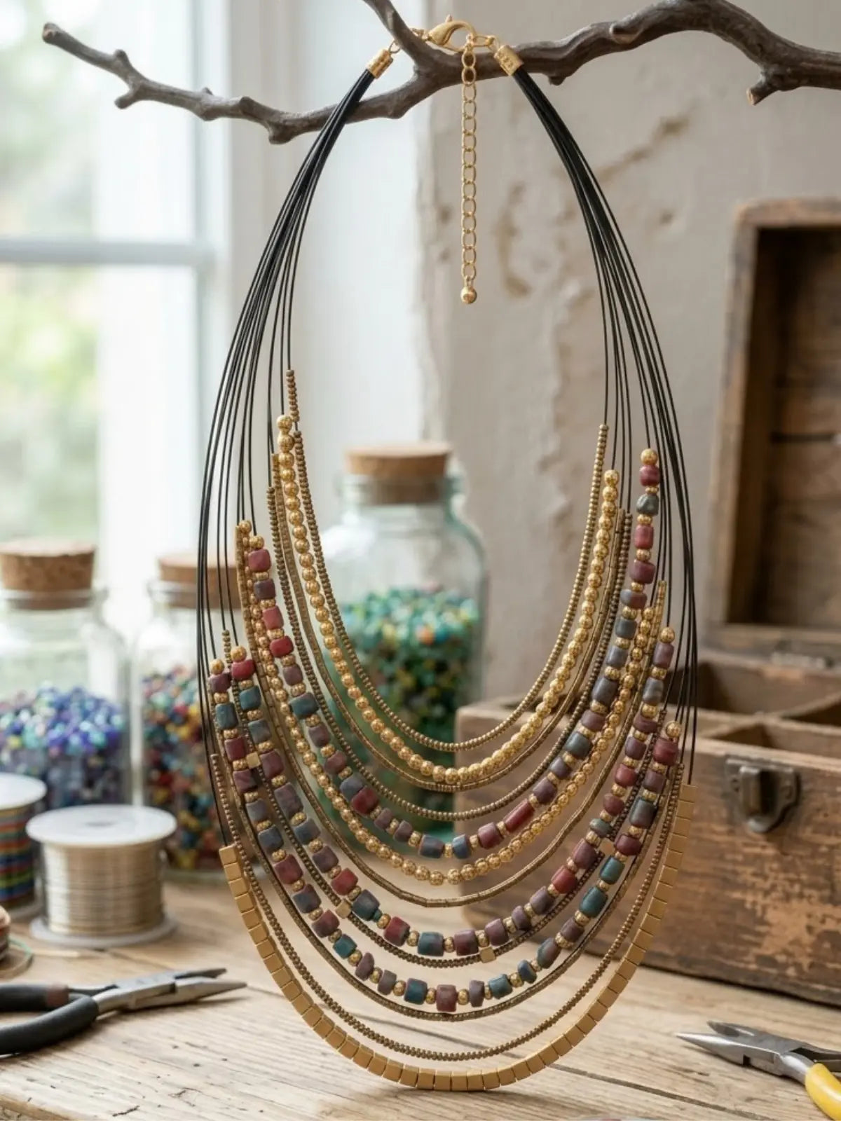  Multicolor bead and gold beaded layered necklace for women